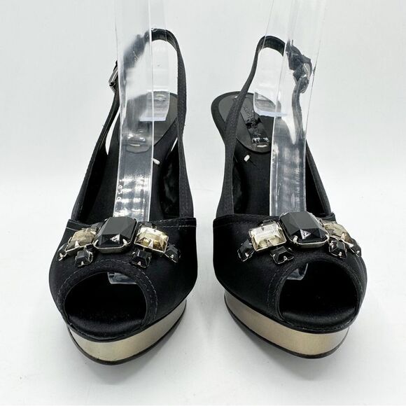 BCBGMaxAzria Black Satin Jeweled‎ Sandals w/Mirrored Platform Cone Heel Sz 8 38 - Picture 4 of 15